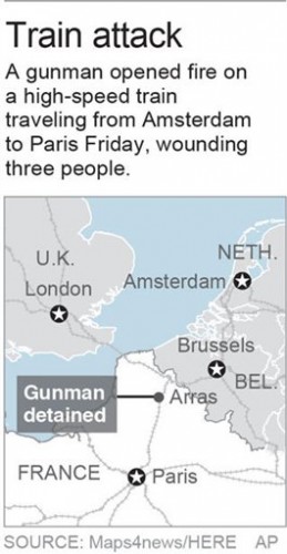 Map locates Arras, France where a suspected gunman was detained following an attack on a train; 1c x 3 inches; 46.5 mm x 76 mm;