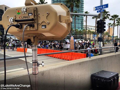 police have actually deployed an LRAD which is a less lethal munition laser weapon that could puncture ear drums and disperse large crowds. It was first used in Iraq during combat and now at large protests across the country. I'm reporting live now from the protest in San Diego, if it is used you will know by watching wearechange.org