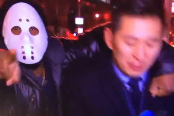 New York Reporter Punched In Face Live By Man In Jason Mask