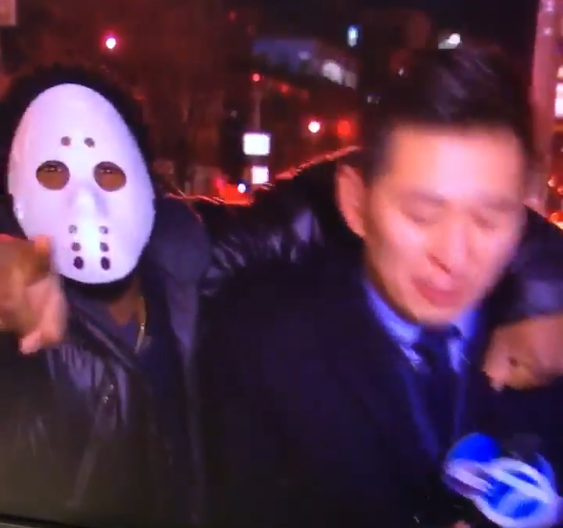 New York Reporter Punched In Face Live By Man In Jason Mask